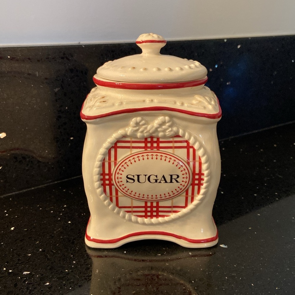 Farmhouse SET Sugar & Creamer Dark Red & Cream Plaid Rustic Cottagecore Country - Picture 5 of 16
